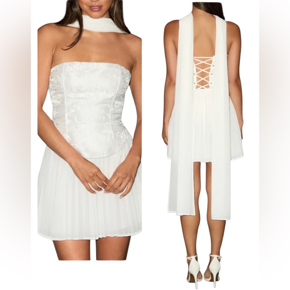 Lulus Laubrey White Floral Jacquard Mini Dress and Scarf Set Size Medium NWT